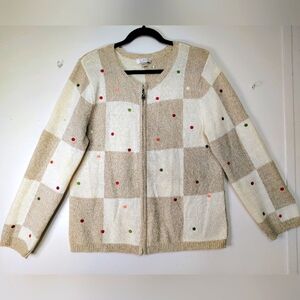 Knitted sweater, cardigan full zip,polka dot embroidery, Casual Office Large.